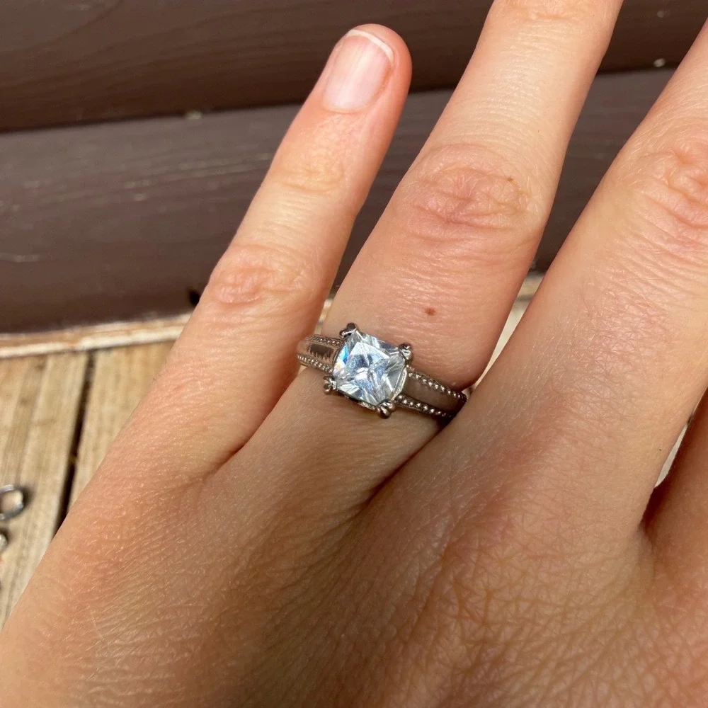 Costume Princess Cut Ring Womens Size 6.5 Silver Tone Faux Diamond Vintage Style